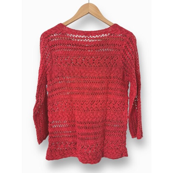 Size Medium LUCKY BRAND CORAL OPEN STITCH KNIT SWEATER‎ TOP Boho Peasant Fall - Picture 2 of 3